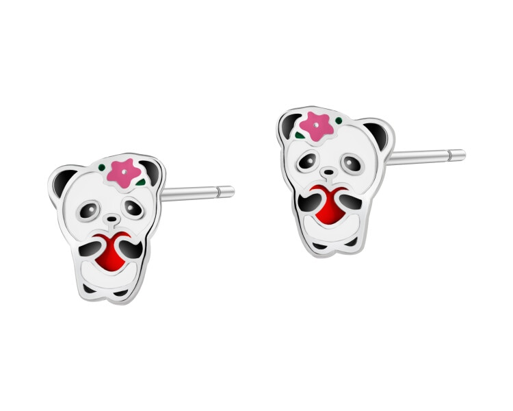 Stříbrné náušnice se smaltem - medvídci panda