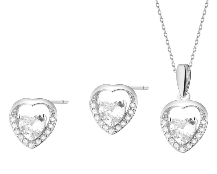 Srebrne kolczyki i zawieszka z cyrkoniami - komplet - serca