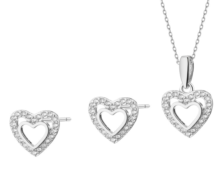 Srebrne kolczyki i zawieszka z cyrkoniami - komplet - serca