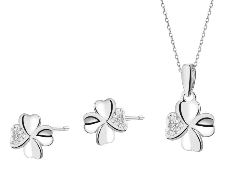 Srebrne kolczyki i zawieszka z cyrkoniami - komplet - koniczyny
