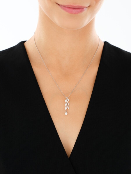 Stříbrný přívěsek s perlou a zirkony - listy