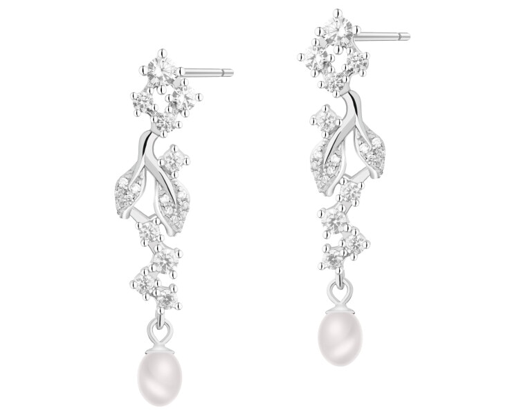 Stříbrné náušnice s perlami a zirkony - listy