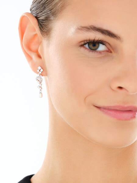 Stříbrné náušnice s perlami a zirkony - listy