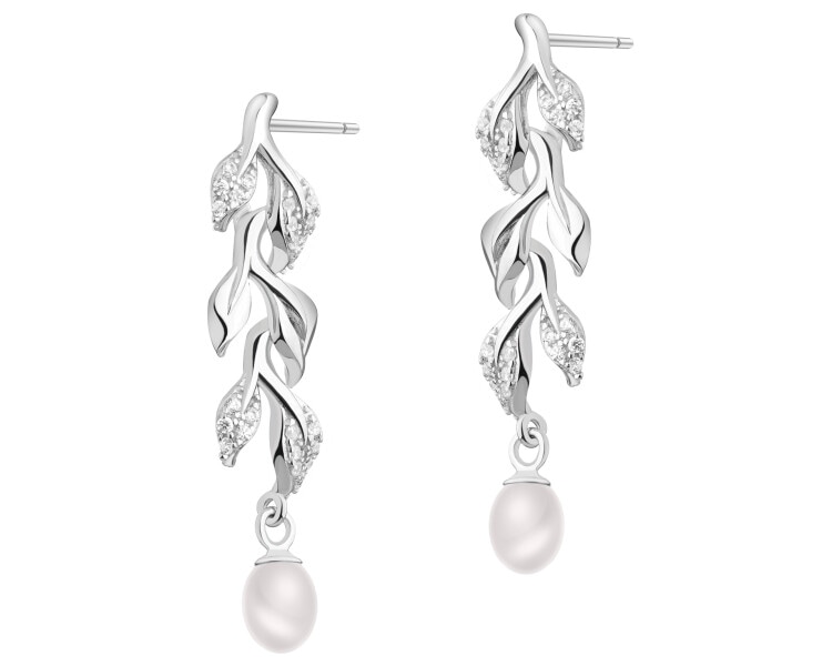 Stříbrné náušnice s perlami a zirkony - listy