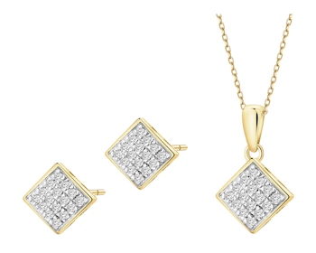 Zawieszka i kolczyki z żółtego złota z diamentami - komplet - 0,15 ct - próba 375