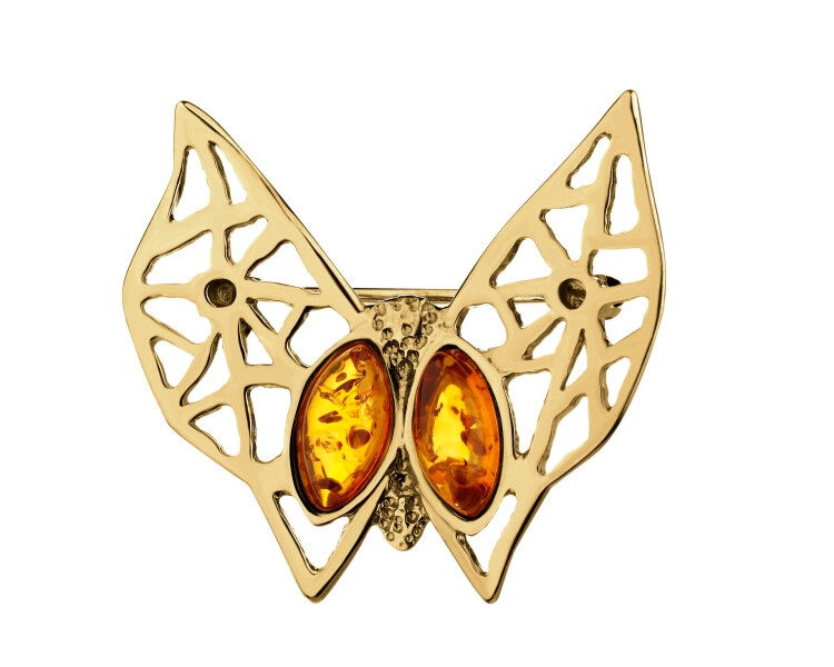 Broszka srebrna z bursztynem