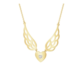 Naszyjnik z żółtego złota z diamentem - skrzydła anioła, serce - 0,005 ct - próba 375