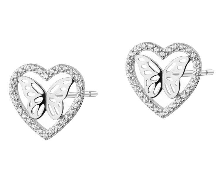 Kolczyki srebrne z cyrkoniami - serca, motyle