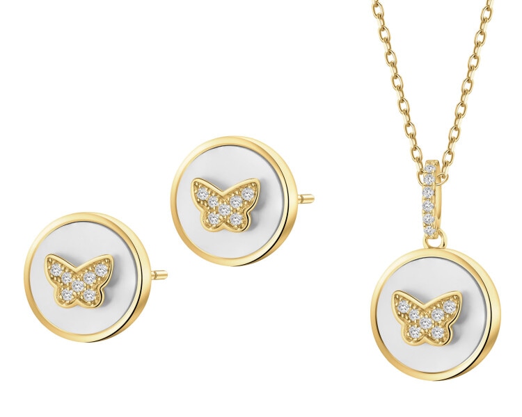 Kolczyki i naszyjnik z mosiądzu pozłacane z cyrkoniami i masą perłową - komplet - motyle
