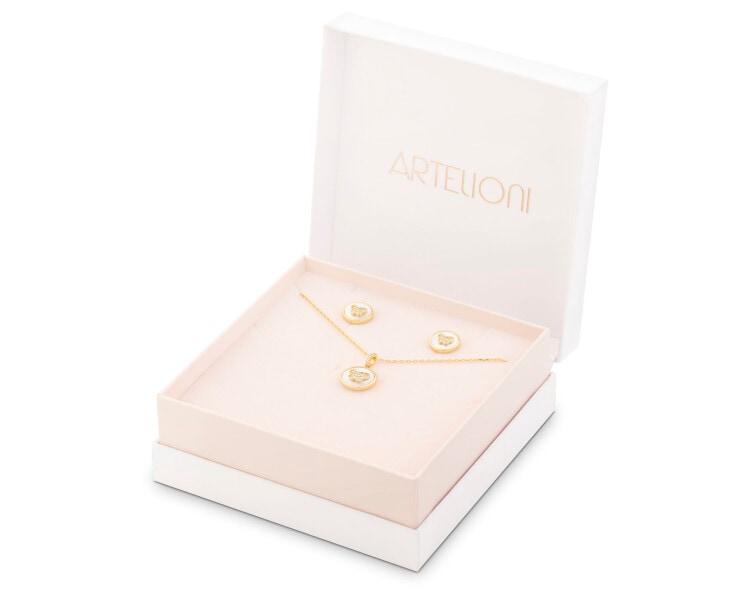 Kolczyki i naszyjnik z mosiądzu pozłacane z cyrkoniami i masą perłową - komplet - motyle