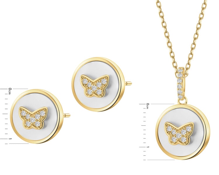 Kolczyki i naszyjnik z mosiądzu pozłacane z cyrkoniami i masą perłową - komplet - motyle