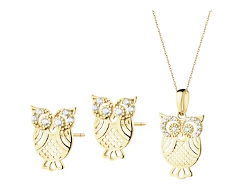 Zlaté náušnice a přívěsek se zirkony - souprava - sovy