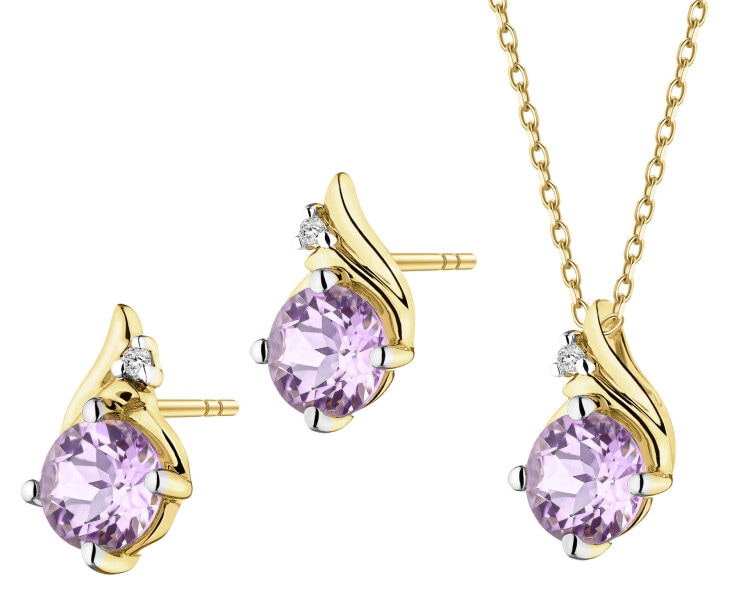 Zawieszka i kolczyki z żółtego złota z diamentami i ametystami - komplet - próba 375
