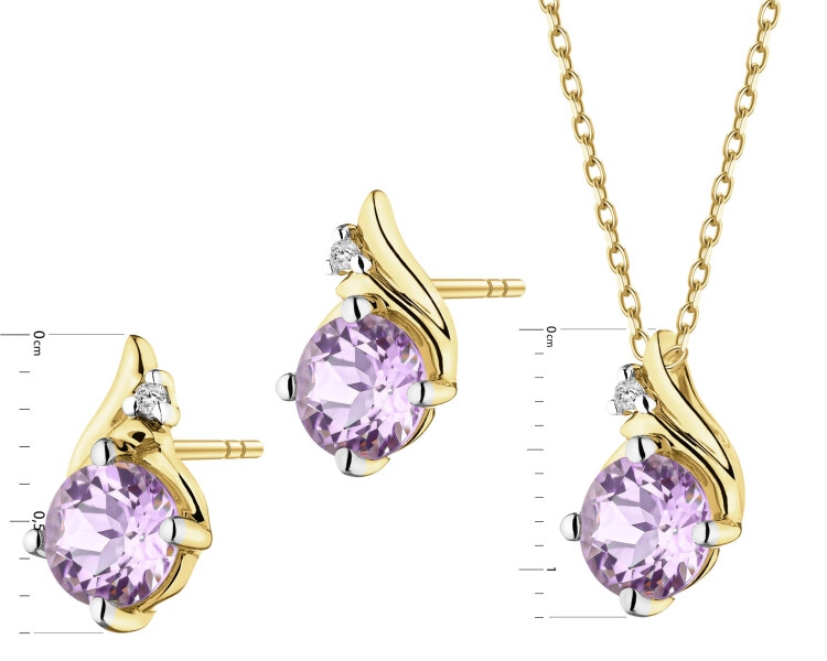 Zlatý přívěsek a náušnice  s diamanty a ametysty – souprava - ryzost 585