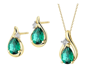 Zawieszka i kolczyki z żółtego i białego złota z diamentami i szmaragdami syntetycznymi - komplet - próba 375