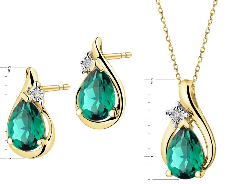 Zawieszka i kolczyki z żółtego i białego złota z diamentami i szmaragdami syntetycznymi - komplet - próba 585