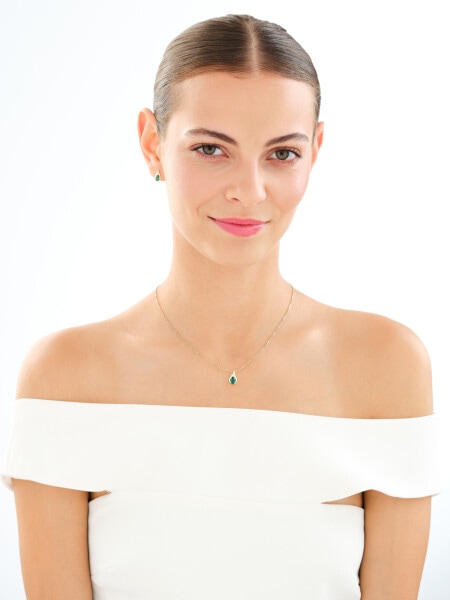 Zawieszka i kolczyki z żółtego i białego złota z diamentami i szmaragdami syntetycznymi - komplet - próba 585