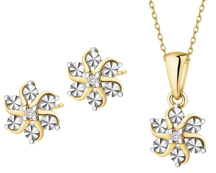 Zawieszka i kolczyki z żółtego złota z diamentami - kwiaty - komplet - 0,01 ct - próba 375