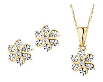 Zawieszka i kolczyki z żółtego złota z diamentami - kwiaty - komplet - 0,01 ct - próba 375