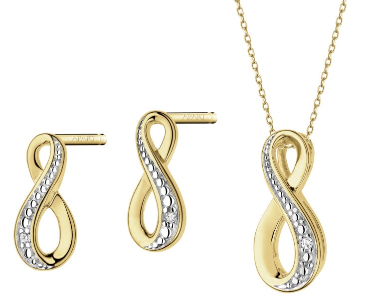 Zawieszka i kolczyki z żółtego złota z diamentami - nieskończoność - komplet - 0,007 ct - próba 375