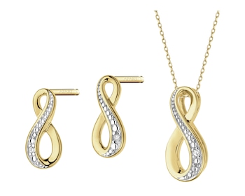 Zawieszka i kolczyki z żółtego złota z diamentami - nieskończoność - komplet - 0,007 ct - próba 375