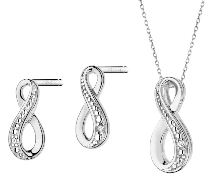 Přívěsek a náušnice z bílého zlata s diamanty - nekonečno - souprava - 0,007 ct - ryzost 585