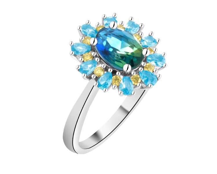 Stříbrný prsten se zirkony a broušeným sklem