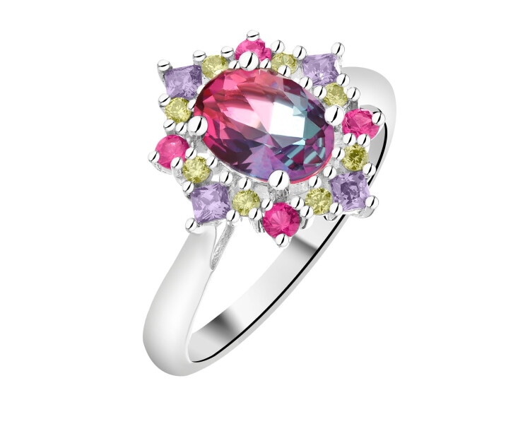 Pierścionek srebrny z cyrkoniami i szlifowanym szkłem