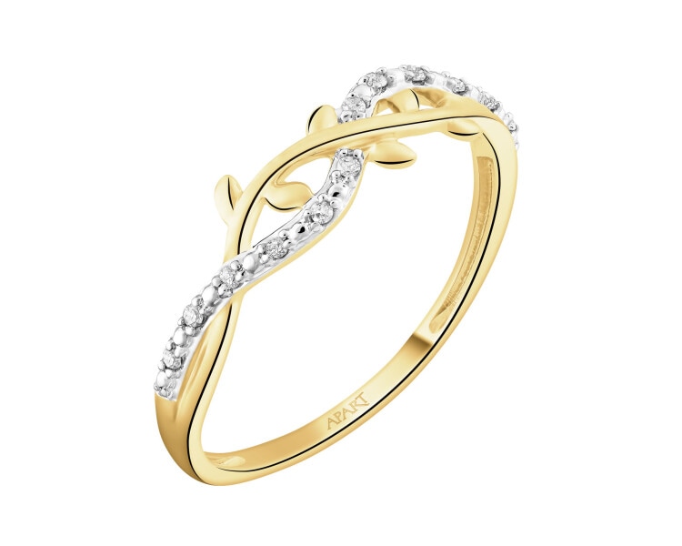 Pierścionek z żółtego złota z diamentami - liście - 0,04 ct - próba 375