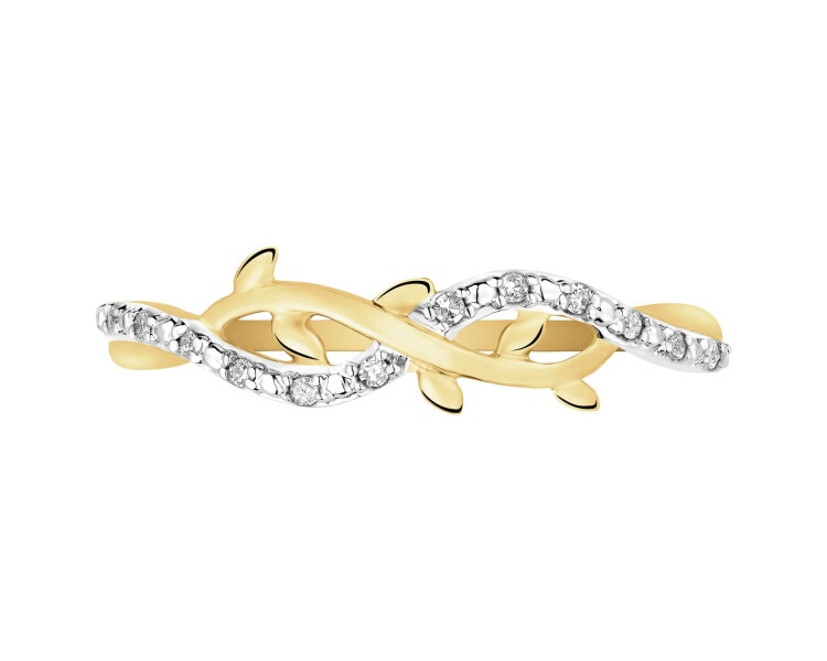 Pierścionek z żółtego złota z diamentami - liście - 0,04 ct - próba 375