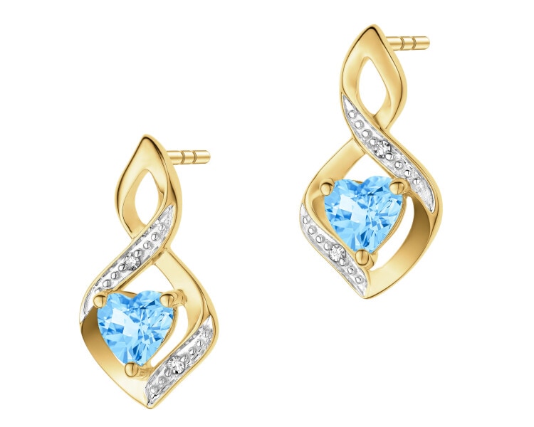Kolczyki z żółtego złota z diamentami i topazem - serca - próba 375