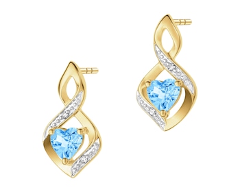 Kolczyki z żółtego złota z diamentami i topazem - serca - próba 375