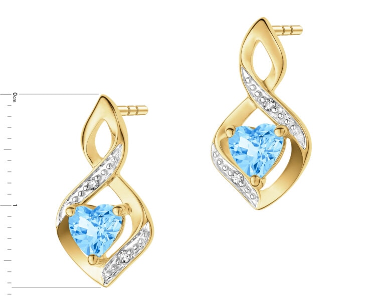 Kolczyki z żółtego złota z diamentami i topazem - serca - próba 375