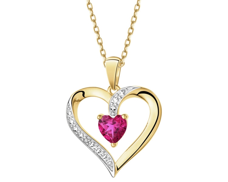 Zawieszka z żółtego złota z diamentem i rubinem syntetycznym - serce - próba 375