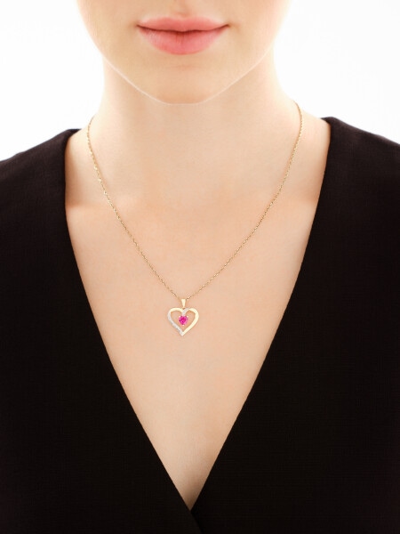 Zawieszka z żółtego złota z diamentem i rubinem syntetycznym - serce - próba 375