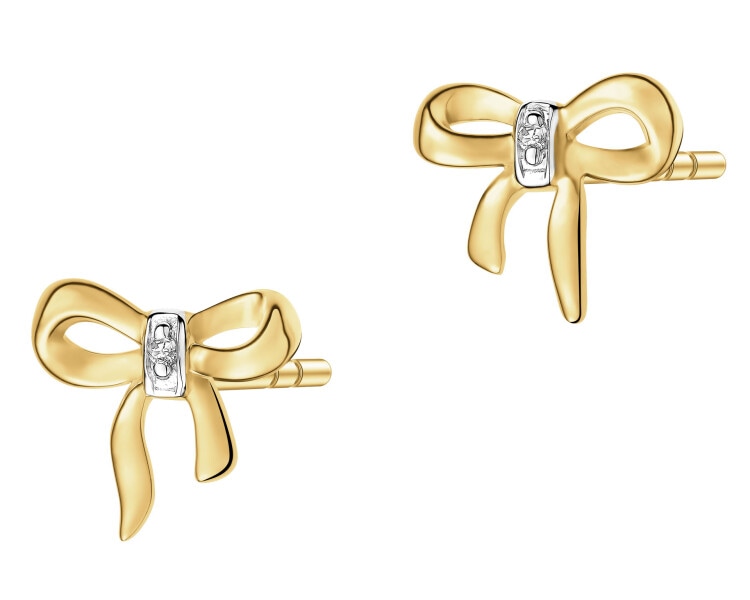 Kolczyki z żółtego złota z diamentami - kokardki - 0,006 ct - próba 375