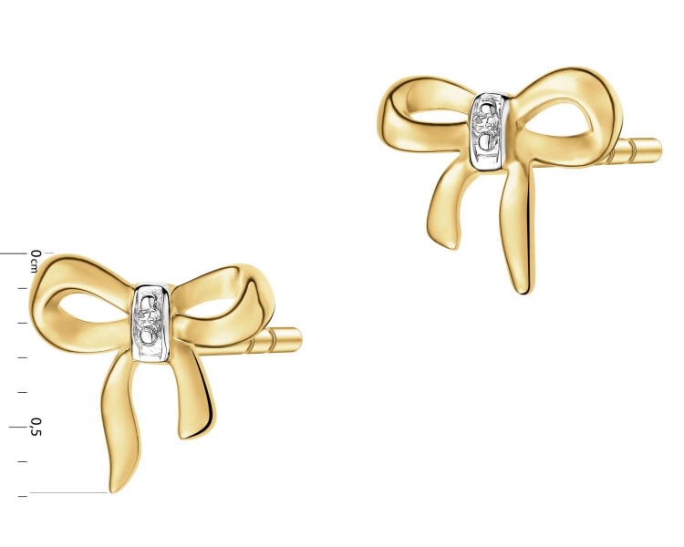 Kolczyki z żółtego złota z diamentami - kokardki - 0,006 ct - próba 375