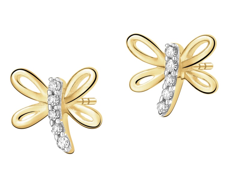 Kolczyki z żółtego złota z diamentami - ważka - 0,04 ct - próba 375