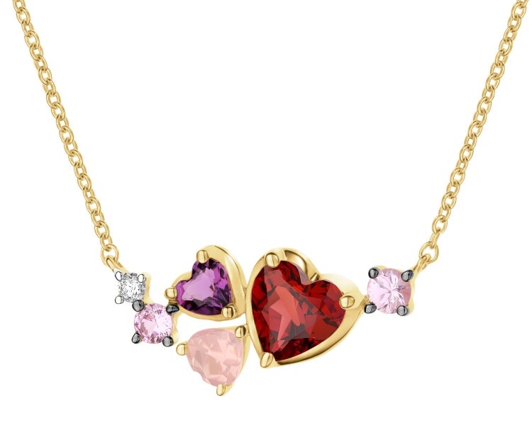 Zlatý náhrdelník s diamanty, drahokamy a ozdobnými kameny - srdce - ryzost 585