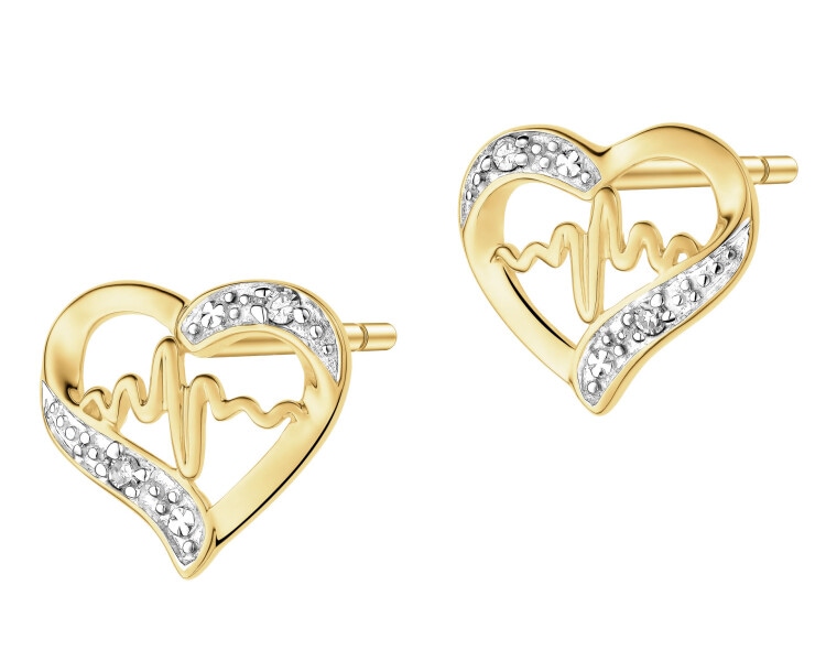 Kolczyki z żółtego złota z diamentami - serce, EKG serca - 0,01 ct - próba 375