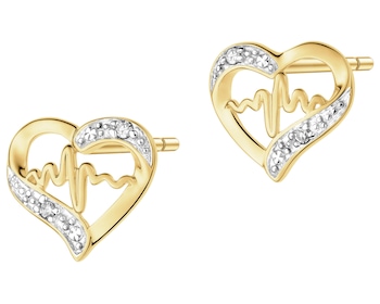 Kolczyki z żółtego złota z diamentami - serce, EKG serca - 0,01 ct - próba 375