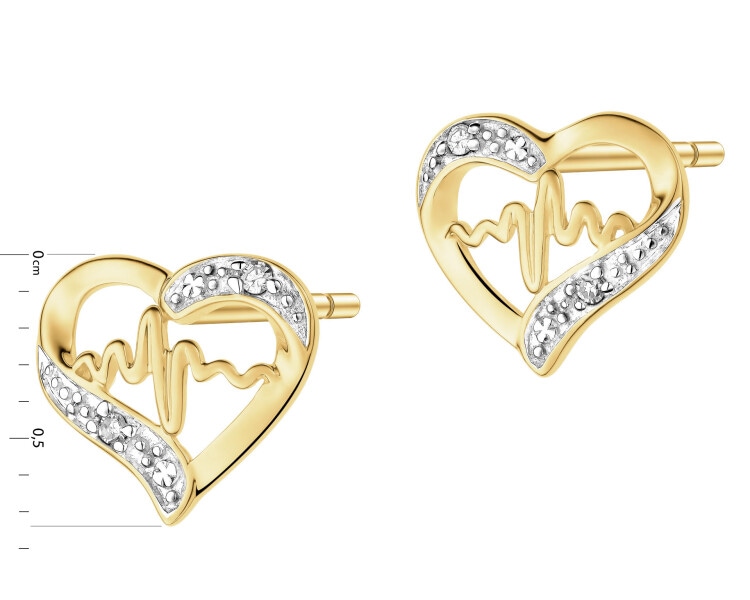 Kolczyki z żółtego złota z diamentami - serce, EKG serca - 0,01 ct - próba 375