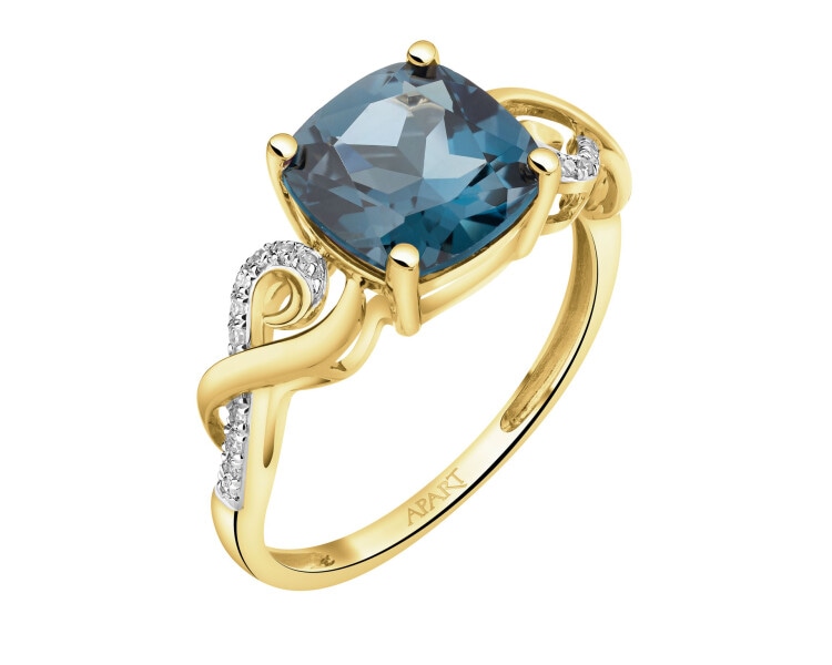 Zlatý prsten s diamanty a topazem London Blue - ryzost 585