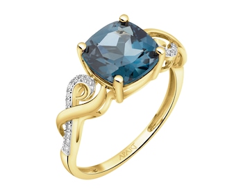 Pierścionek z żółtego złota z diamentami i topazem London Blue - próba 585