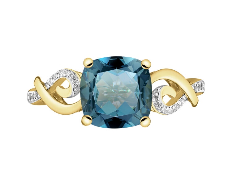 Zlatý prsten s diamanty a topazem London Blue - ryzost 585