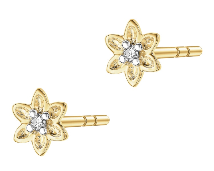 Kolczyki z żółtego złota z diamentami - kwiaty - 0,01 ct - próba 375