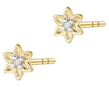 Kolczyki z żółtego złota z diamentami - kwiaty - 0,01 ct - próba 375