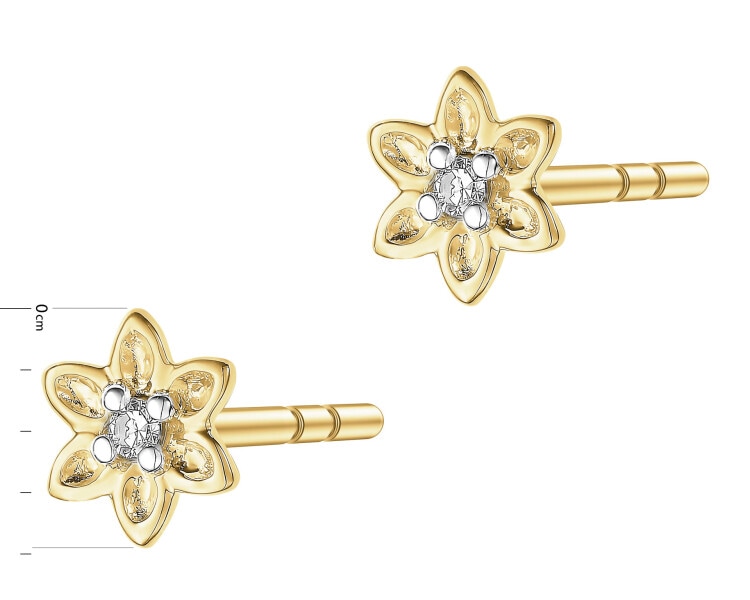 Kolczyki z żółtego złota z diamentami - kwiaty - 0,01 ct - próba 375