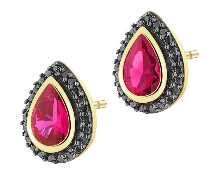 Zlaté náušnice s černými brilianty a syntetickými rubíny - ryzost 585