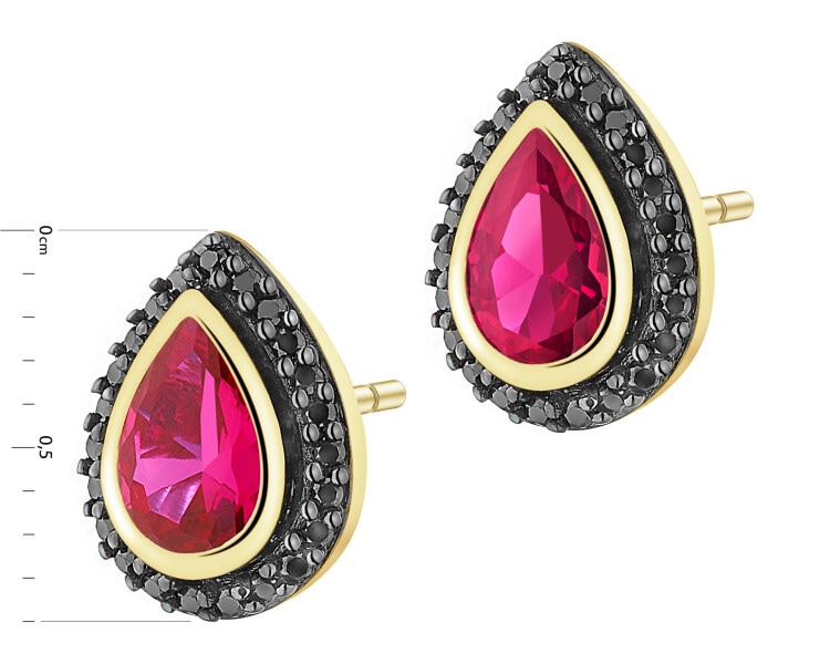 Zlaté náušnice s černými brilianty a syntetickými rubíny - ryzost 585